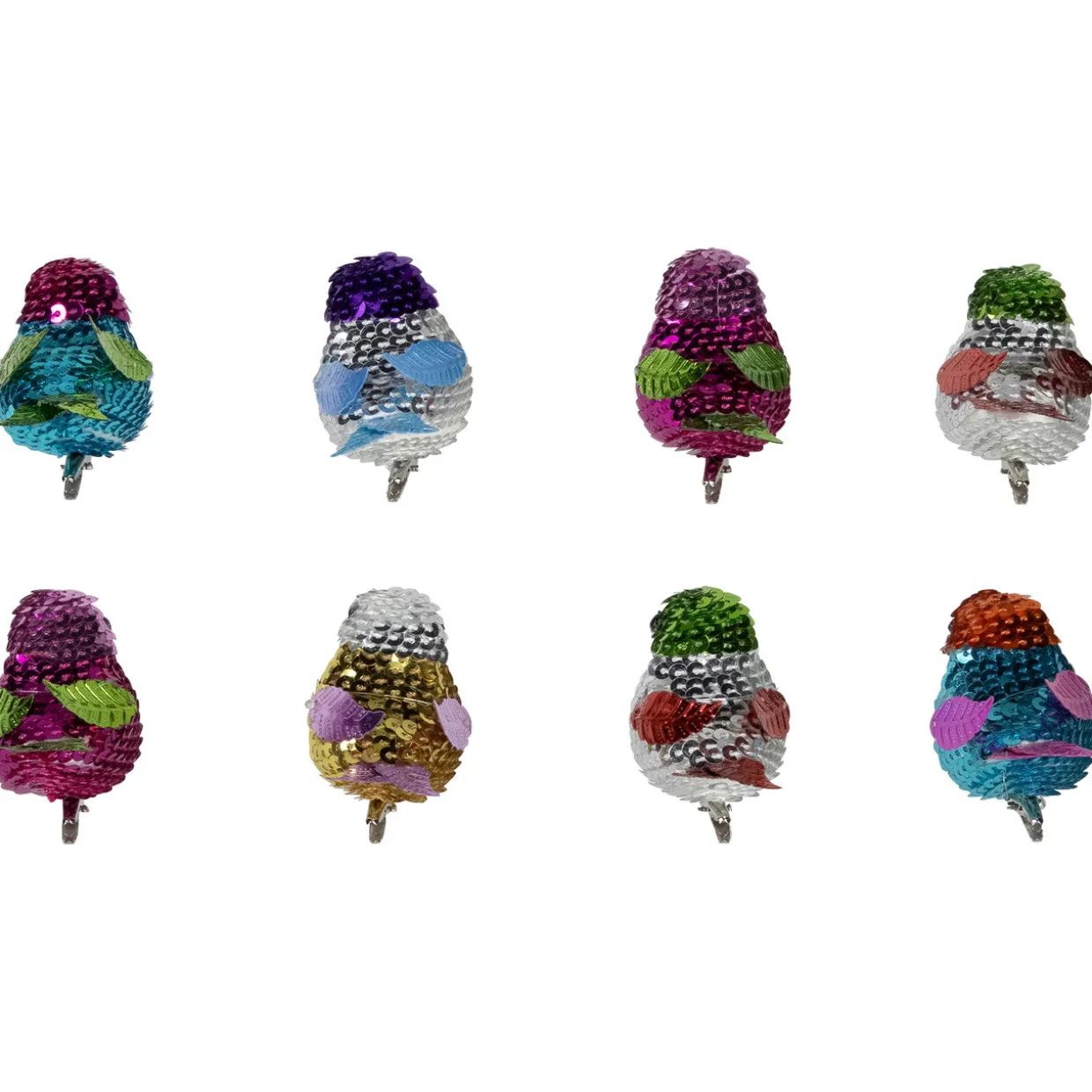 Sequined Birds Clip-On Christmas Ornaments - 2.75" - Set of 8
