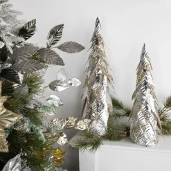 Sequined Layered Leaves Christmas Cone Tree - 20" - Platinum and Champagne Finish
