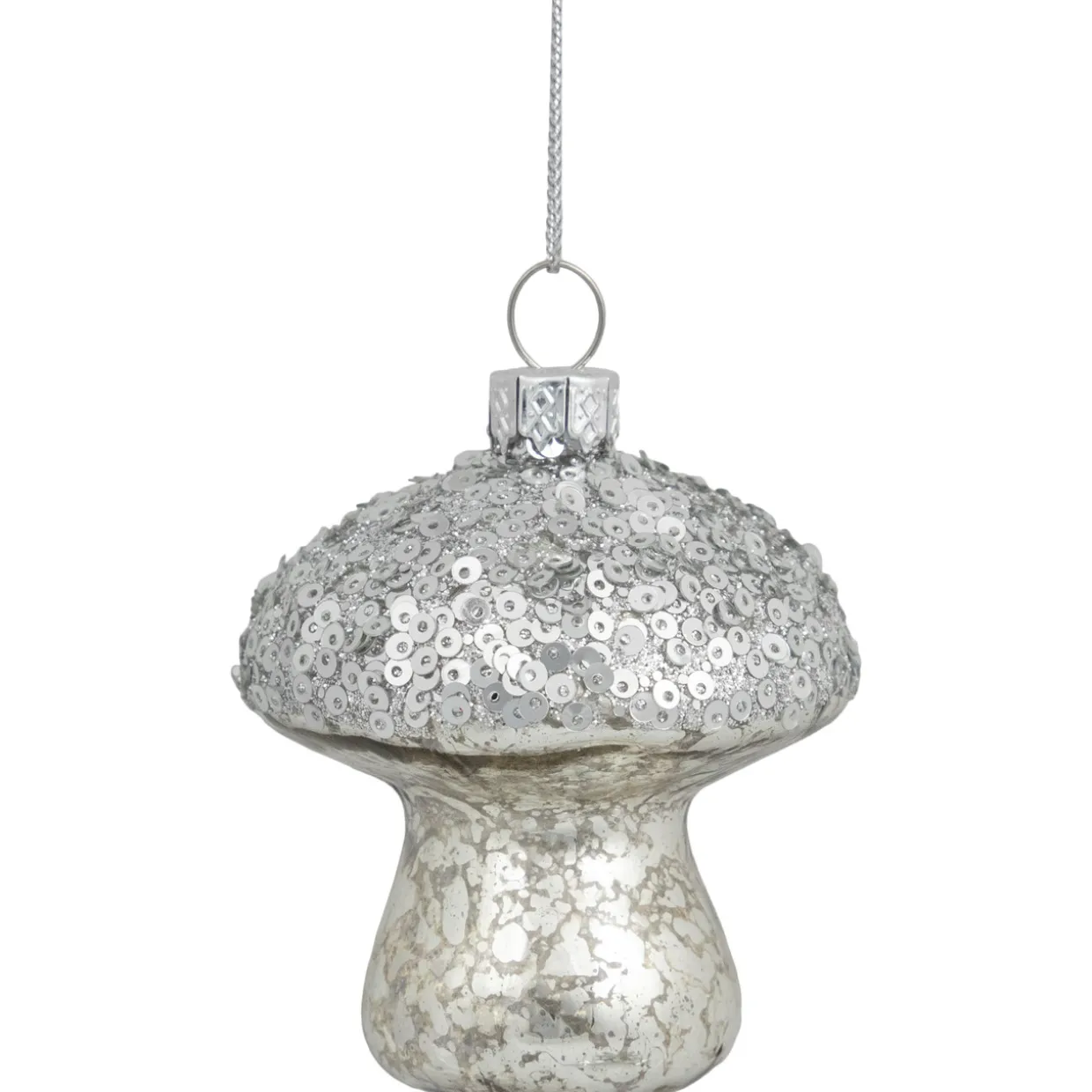 Sequined Mercury Glass Mushroom Christmas Ornament - 3.5" - Silver Finish