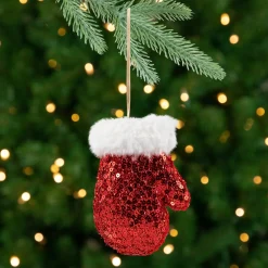 Sequined Winter Mitten with Plush Trim Christmas Ornament - 6" - Red