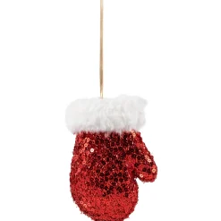 Sequined Winter Mitten with Plush Trim Christmas Ornament - 6" - Red