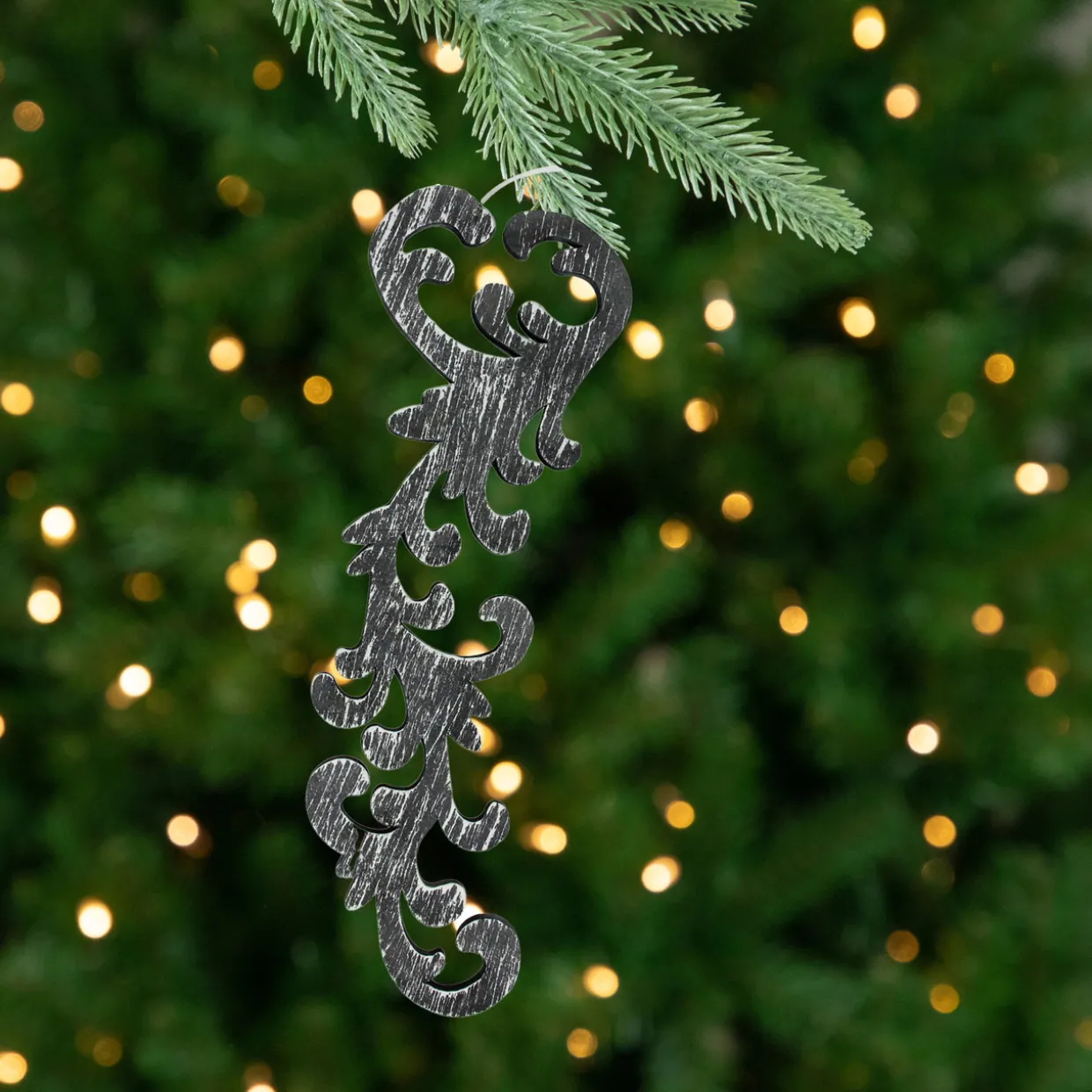 Set of 2 Black and Gray Scrollwork Christmas Ornaments 10.5"
