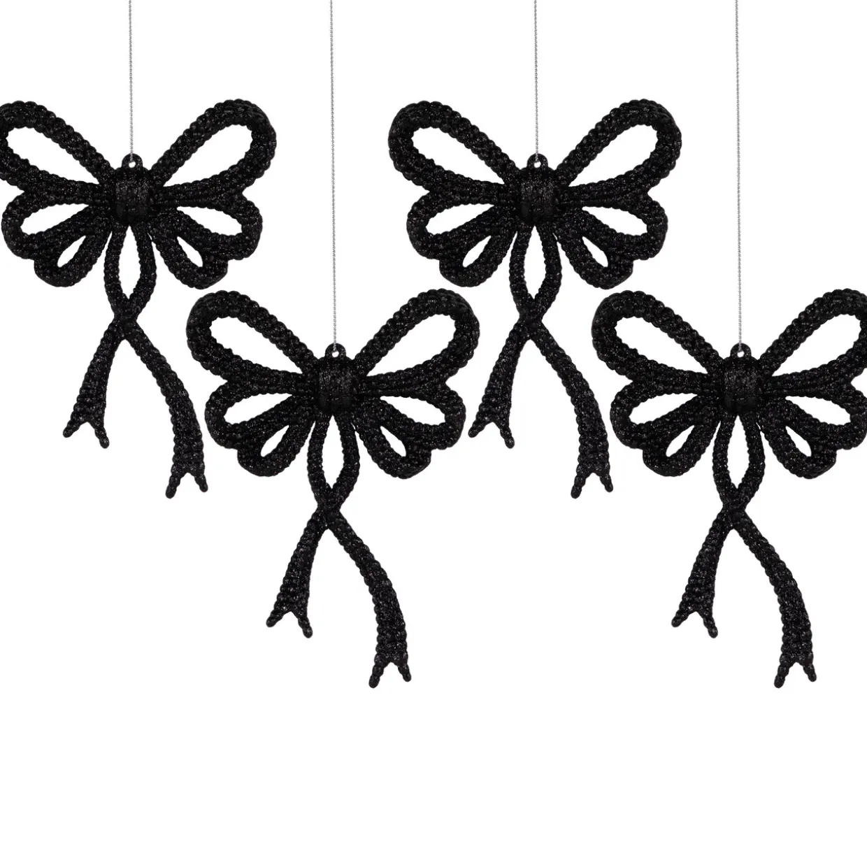 Set of 4 Black Glitter Bowtie Christmas Ornaments 6"