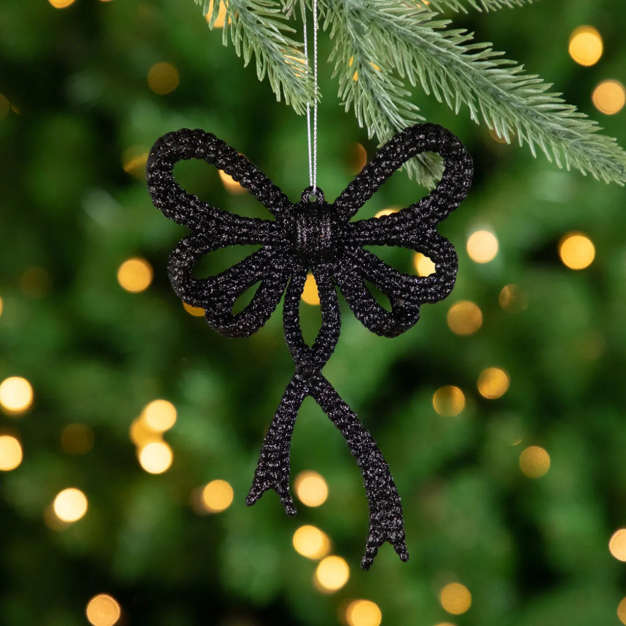 Set of 4 Black Glitter Bowtie Christmas Ornaments 6"