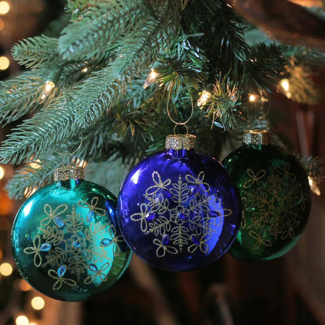Set of 3 Blue and Green Glitter Snowflake Disc Shaped Glass Christmas Ornament 3.25" (82mm)