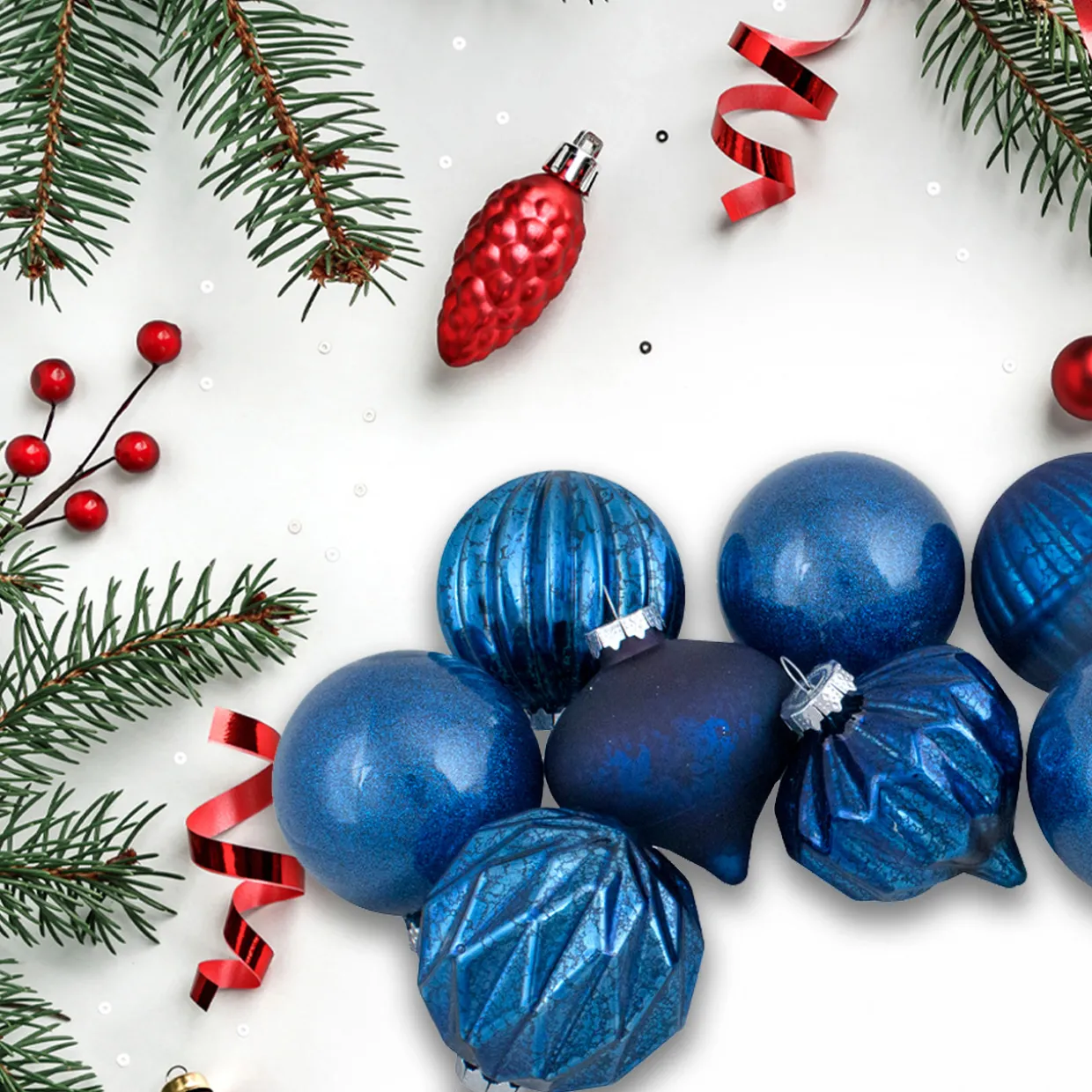 Set of 12 Blue Finial and Glass Ball Christmas Ornaments