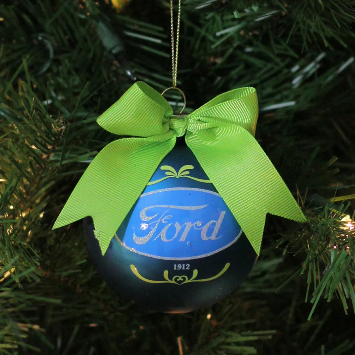 Set of 3 Blue Ford Logo Collectible Glass Christmas Ball Ornaments 3"