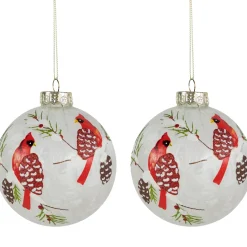 Set of 2 Clear and Red Cardinal Birds Christmas Glass Ball Ornaments 4"