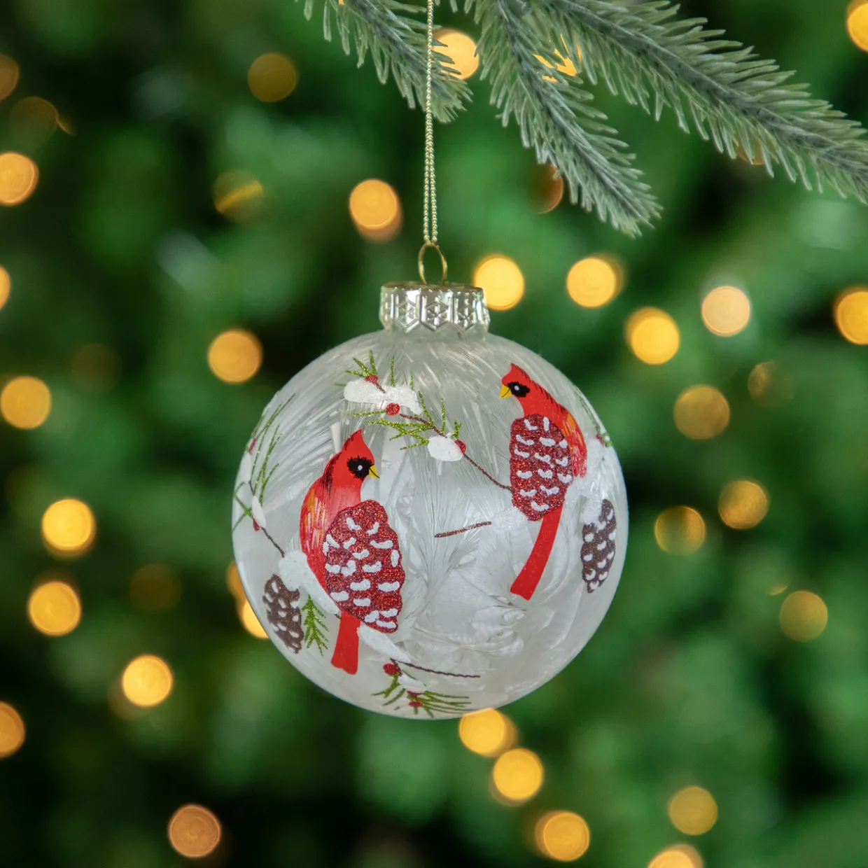 Set of 2 Clear and Red Cardinal Birds Christmas Glass Ball Ornaments 4"