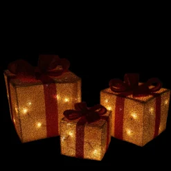 Set of 3 Gold and Red Gift Boxes with Bows Lighted Christmas Outdoor Decorations
