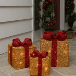 Set of 3 Gold and Red Gift Boxes with Bows Lighted Christmas Outdoor Decorations
