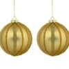 Set of 2 Gold Striped Glittered Glass Christmas Ball Ornaments 4"
