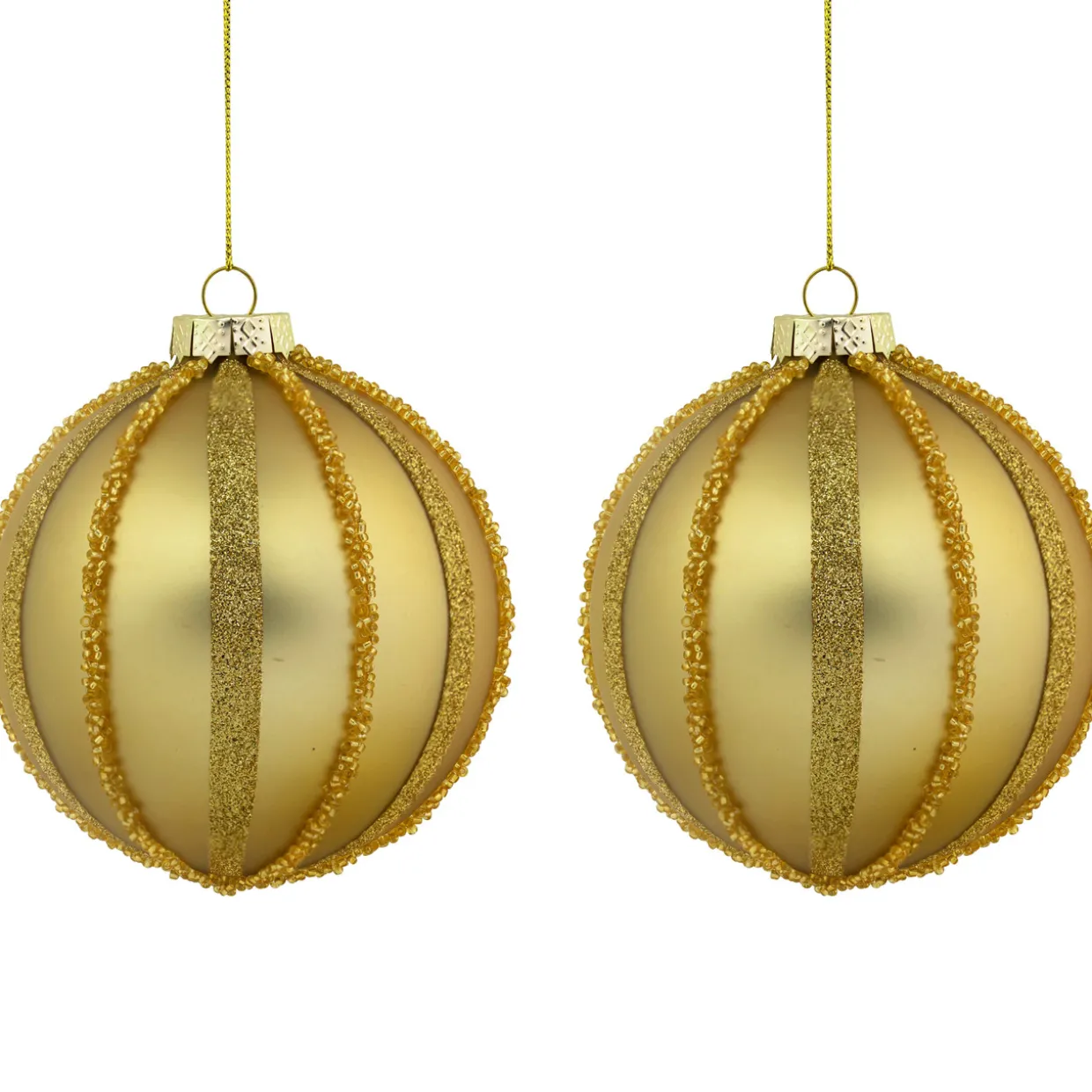 Set of 2 Gold Striped Glittered Glass Christmas Ball Ornaments 4"