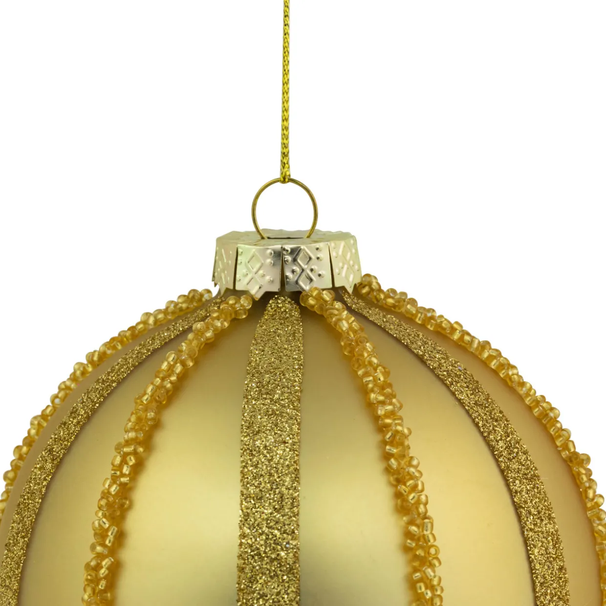 Set of 2 Gold Striped Glittered Glass Christmas Ball Ornaments 4"