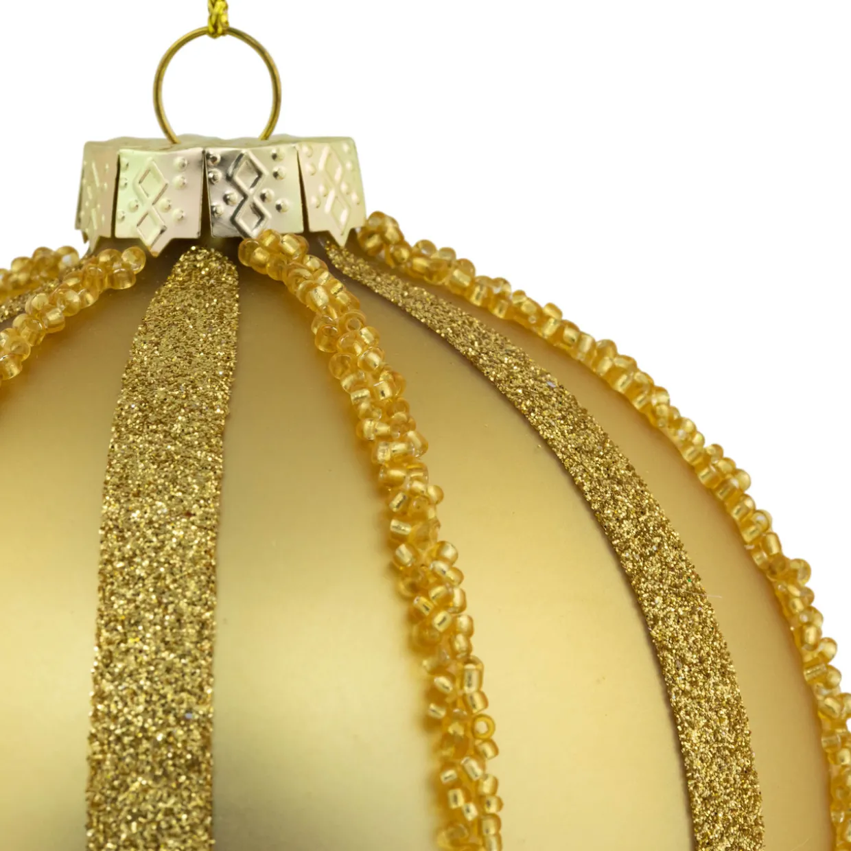 Set of 2 Gold Striped Glittered Glass Christmas Ball Ornaments 4"