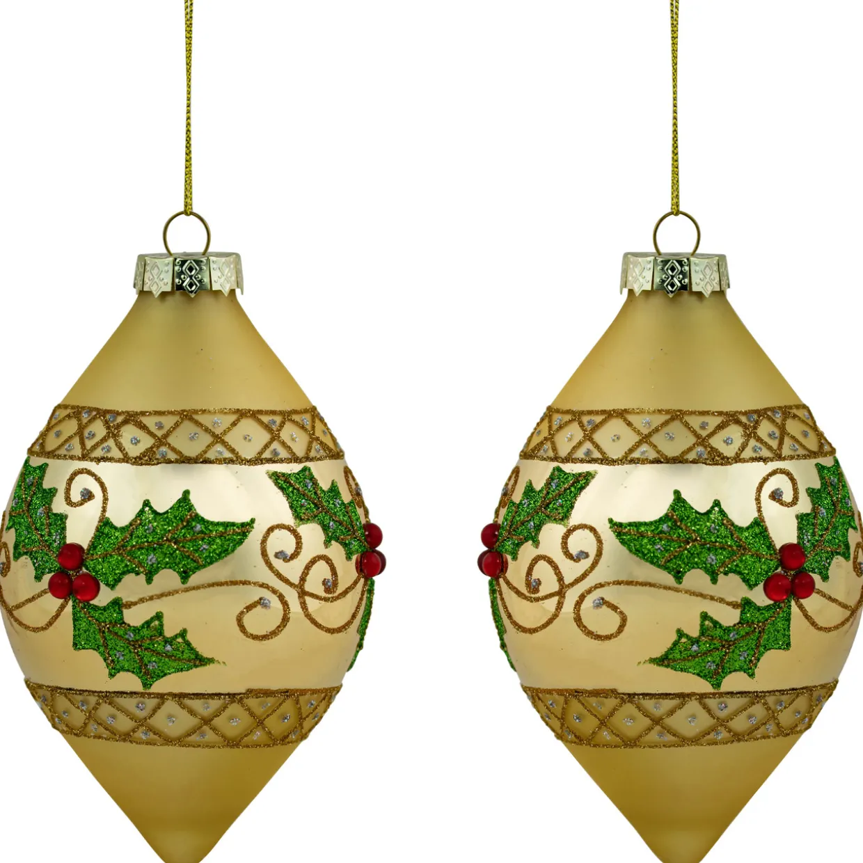 Set of 2 Golden Glitter Holly Finial Christmas Glass Ornaments 5"