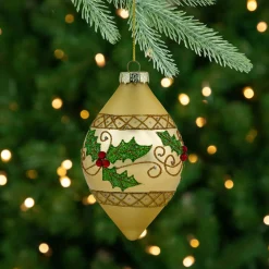 Set of 2 Golden Glitter Holly Finial Christmas Glass Ornaments 5"