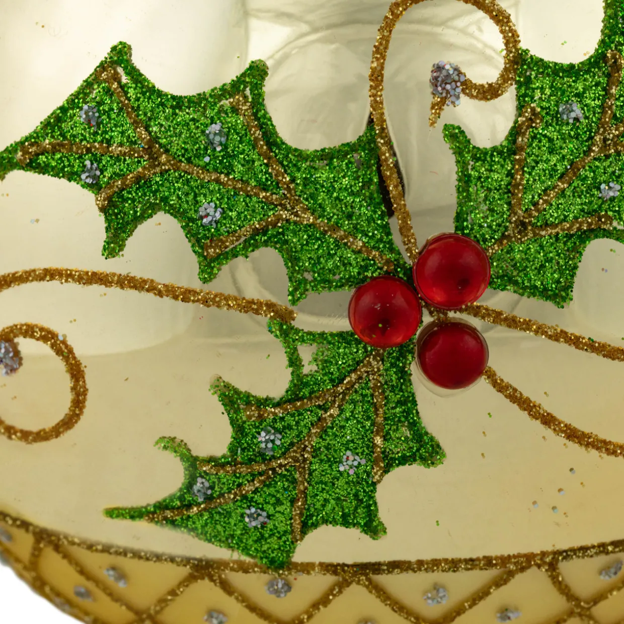 Set of 2 Golden Glitter Holly Finial Christmas Glass Ornaments 5"