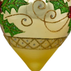 Set of 2 Golden Glitter Holly Finial Christmas Glass Ornaments 5
