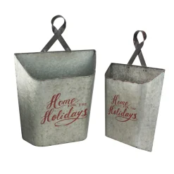Set of 2 Gray and Red Home for the Holidays Weathered Christmas Wall Buckets 18"