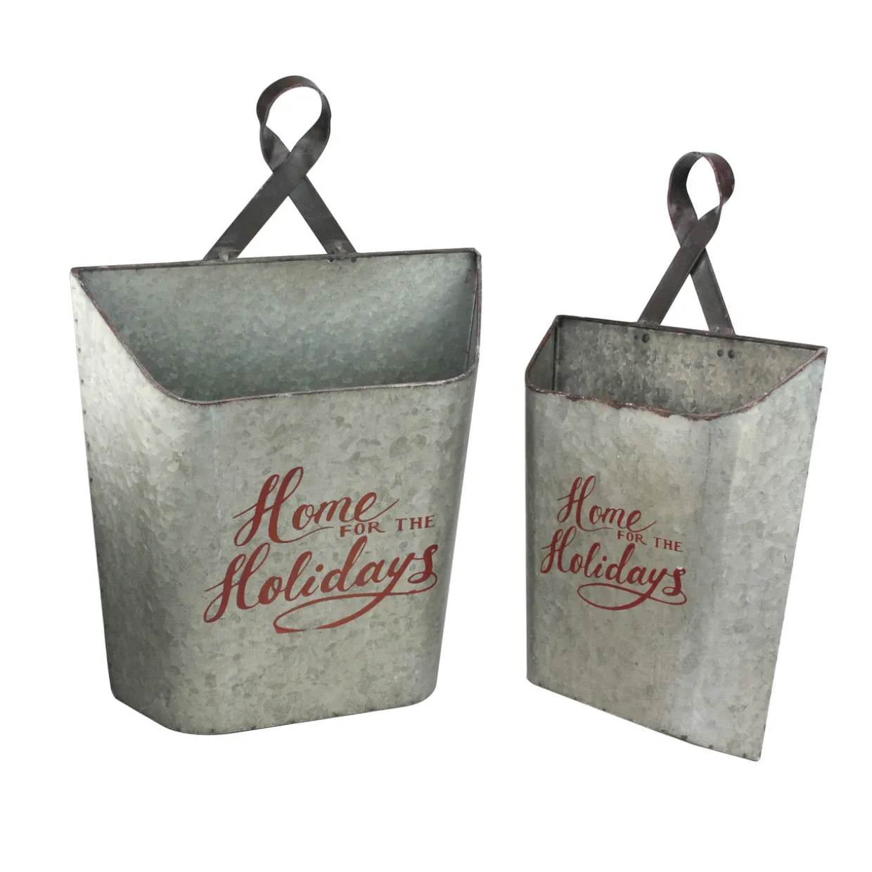 Set of 2 Gray and Red Home for the Holidays Weathered Christmas Wall Buckets 18"