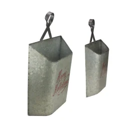 Set of 2 Gray and Red Home for the Holidays Weathered Christmas Wall Buckets 18"