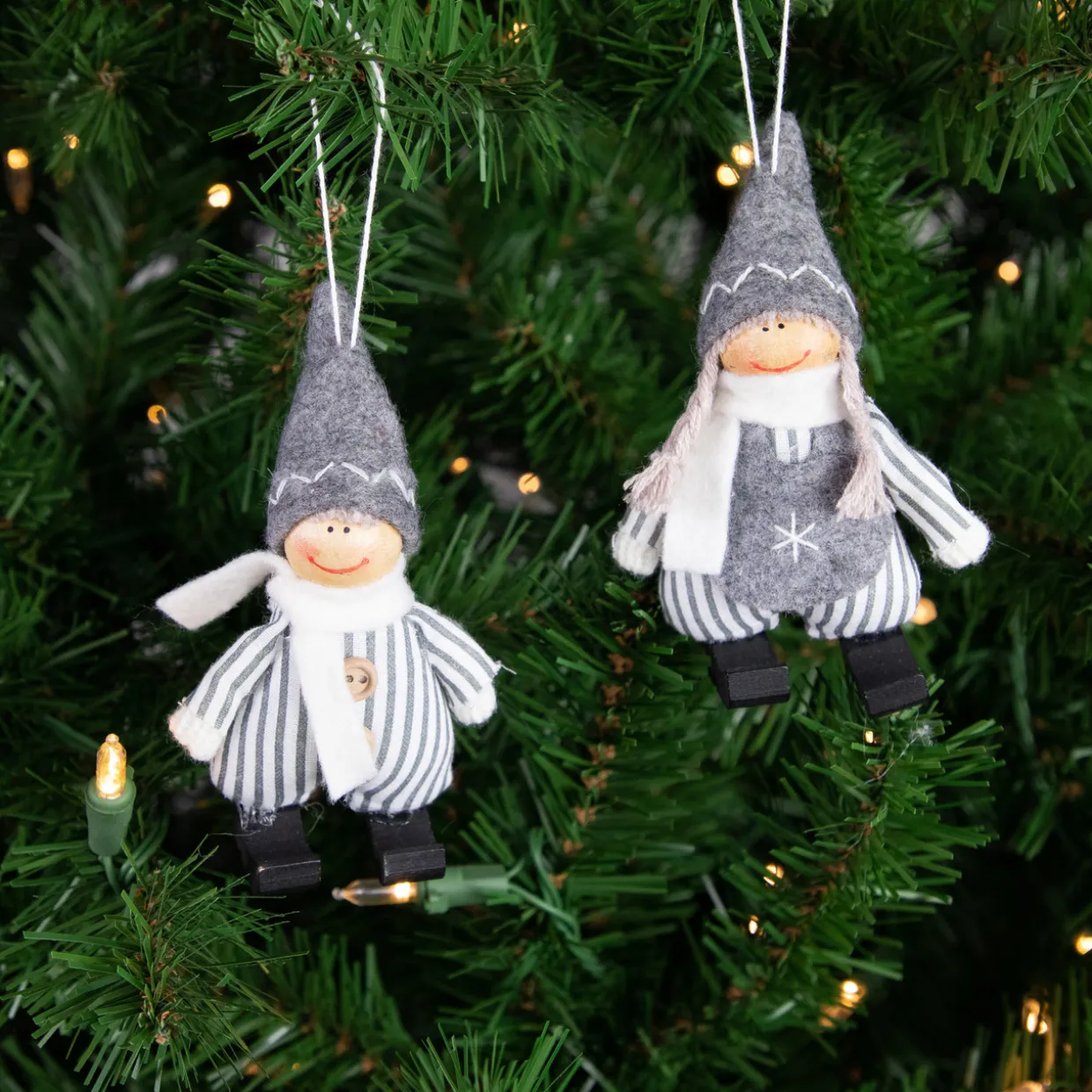 Set of 2 Gray and White Striped Plush Twin Gnomes Christmas Ornaments 5.5"
