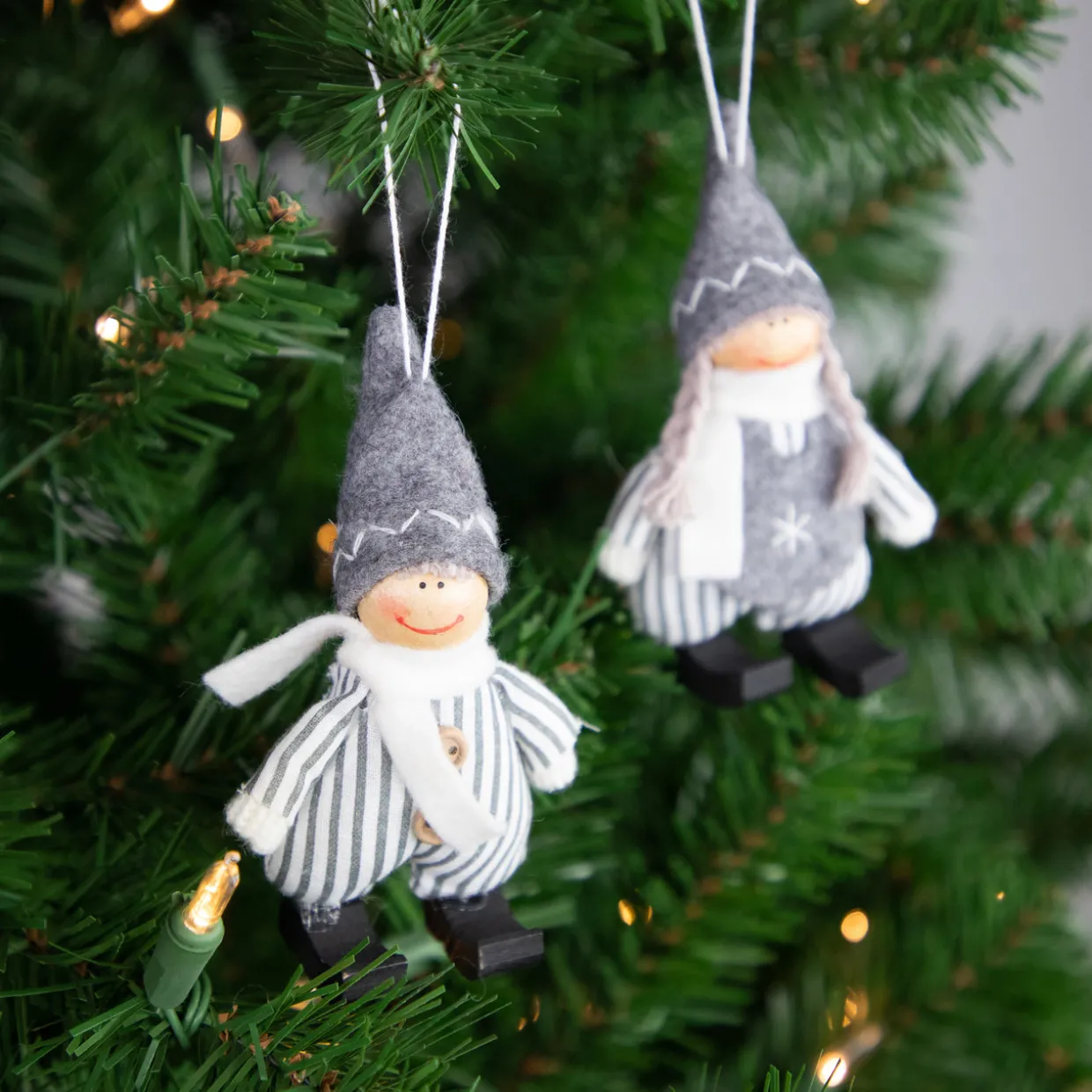 Set of 2 Gray and White Striped Plush Twin Gnomes Christmas Ornaments 5.5"