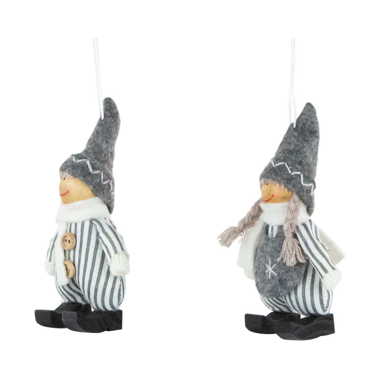 Set of 2 Gray and White Striped Plush Twin Gnomes Christmas Ornaments 5.5"