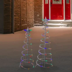 Set of 2 LED Lighted Multi-Color Outdoor Spiral Christmas Cone Trees 3', 4'