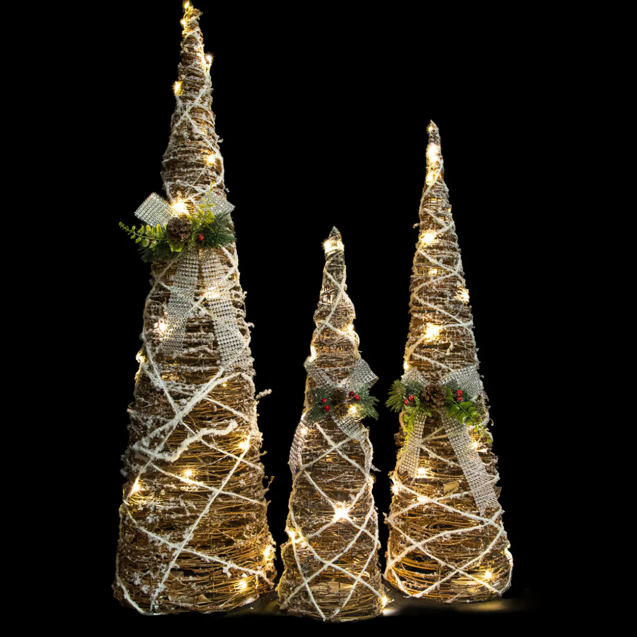 Set of 3 LED Lighted Pine and Berries Cone Christmas Tree Decorations 39.25"