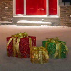 Set of 3 LED Lighted Red, Green and Gold Glitter Gift Boxes Outdoor Christmas Decoration