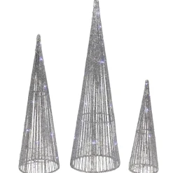 Set of 3 LED Lighted Silver Glitter Cone Tree Outdoor Christmas Decorations 23.5"