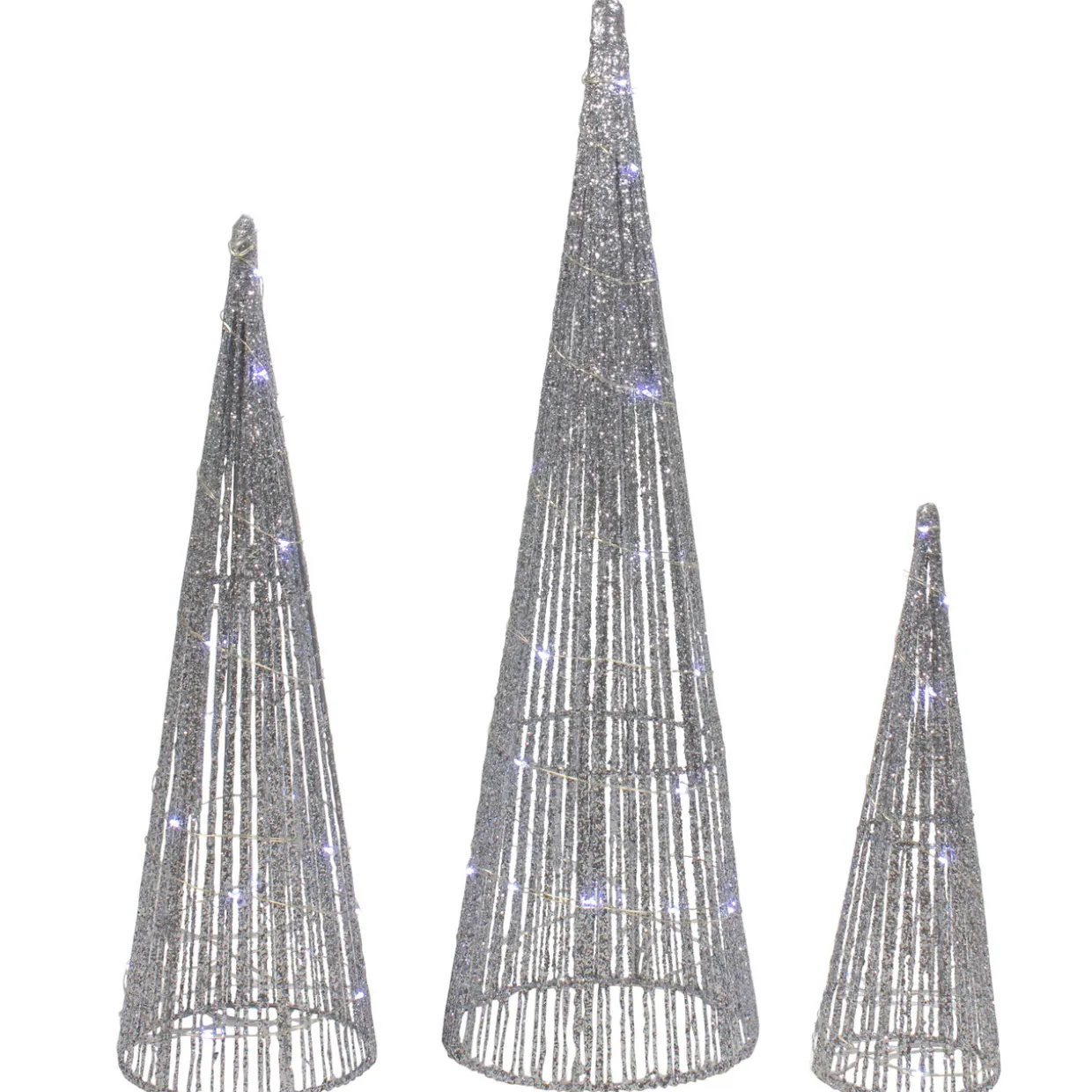 Set of 3 LED Lighted Silver Glitter Cone Tree Outdoor Christmas Decorations 23.5"