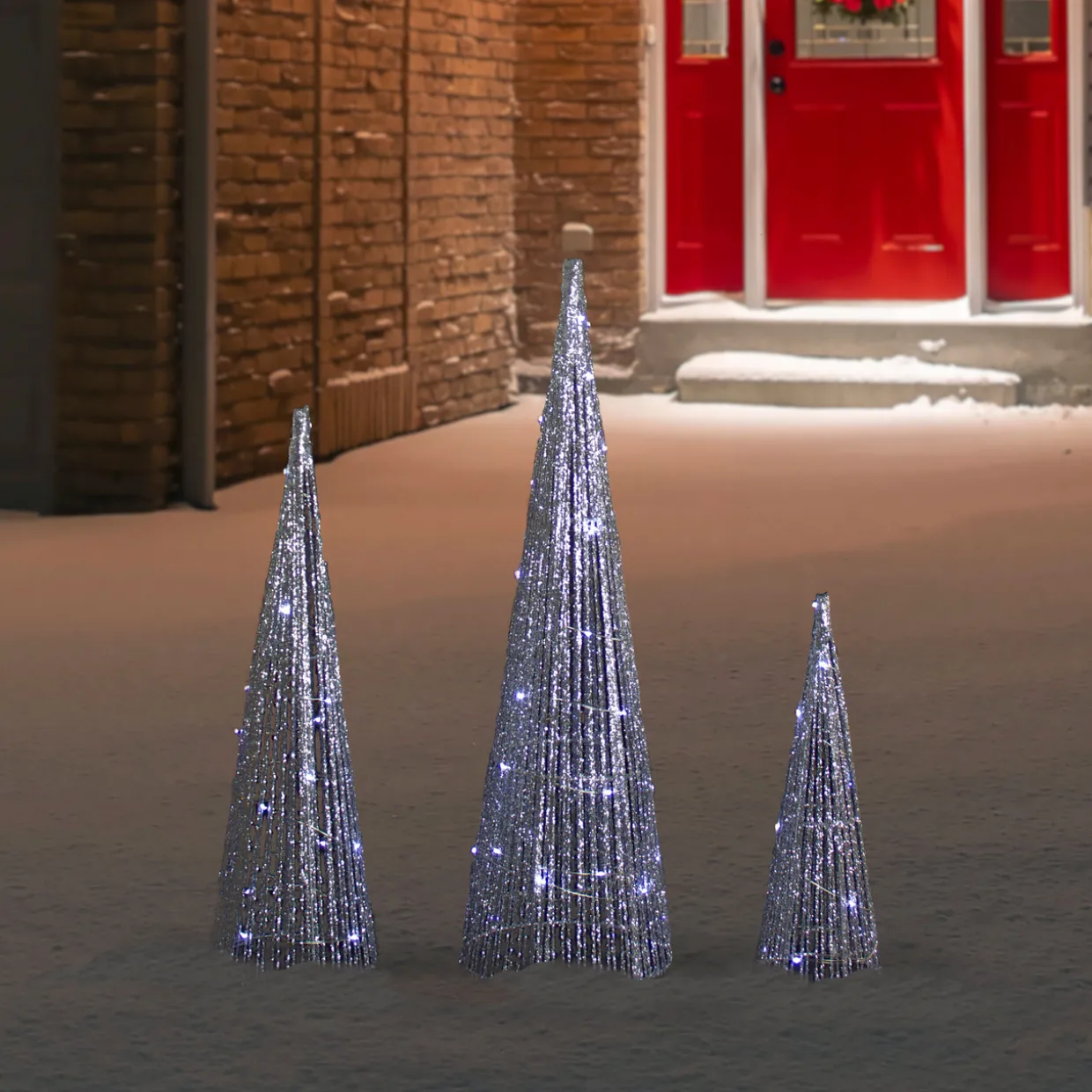 Set of 3 LED Lighted Silver Glitter Cone Tree Outdoor Christmas Decorations 23.5"