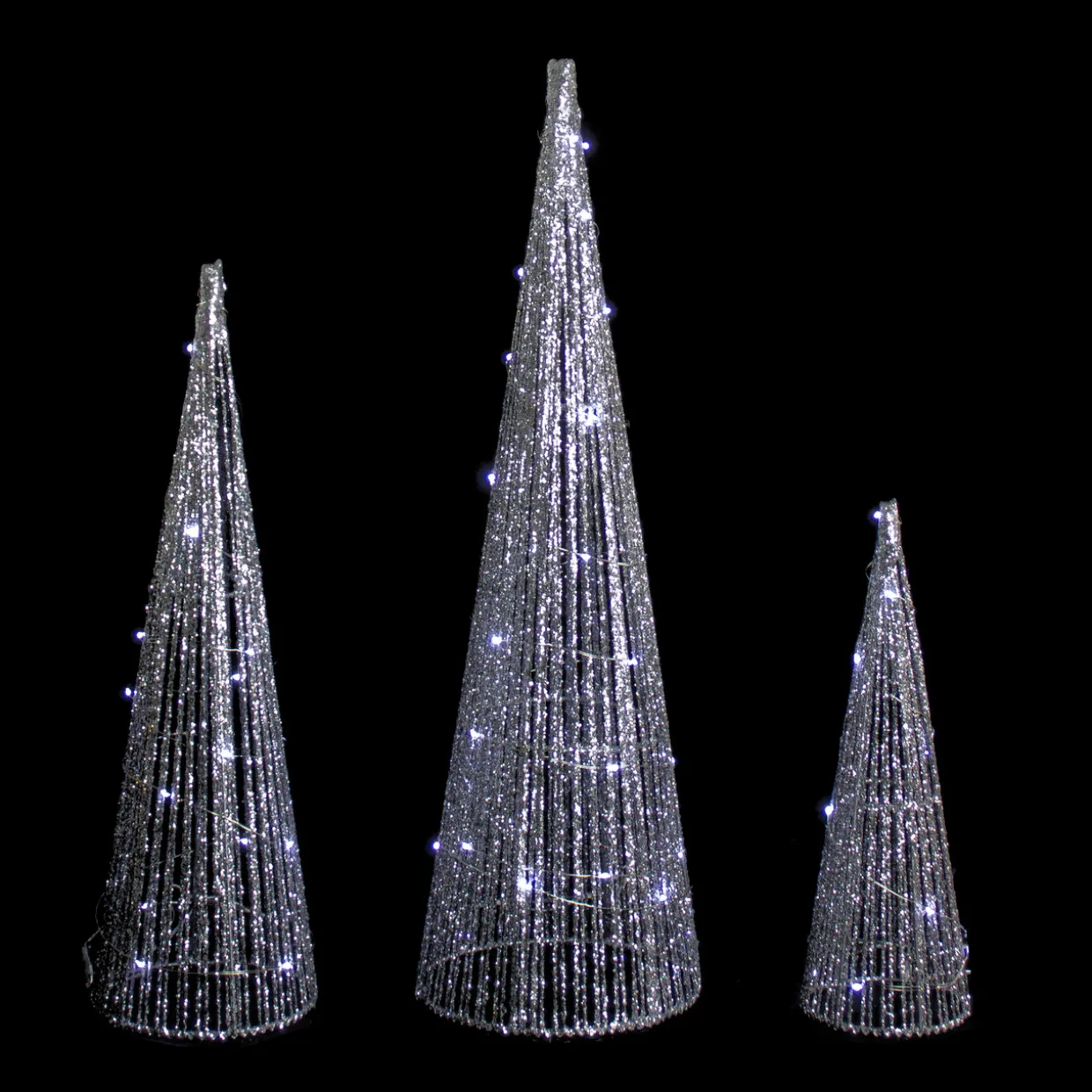 Set of 3 LED Lighted Silver Glitter Cone Tree Outdoor Christmas Decorations 23.5"