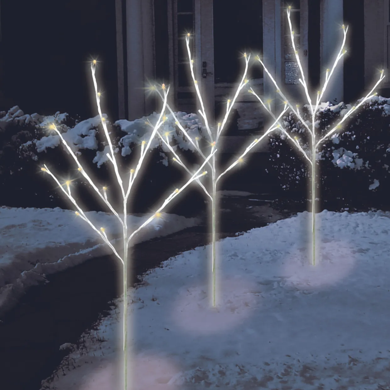 Set of 3 LED Lighted Twinkling White Twig Tree Christmas Pathway Markers 30", Warm White Lights
