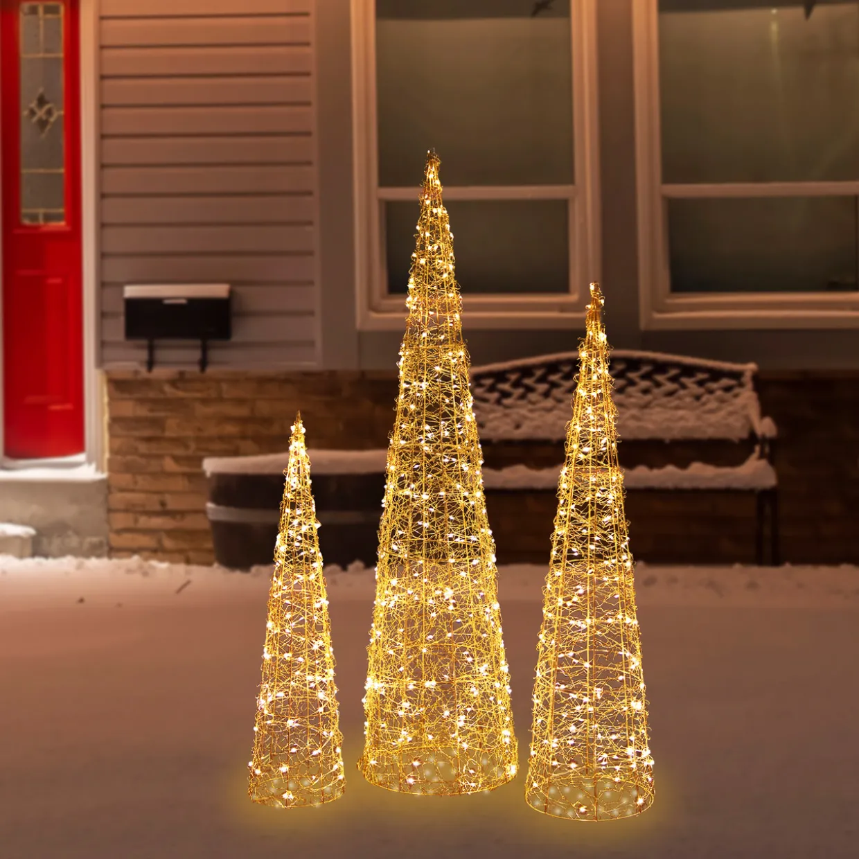 Set of 3 LED Twinkle Lighted Copper Mesh Cone Trees Outdoor Christmas Decoration 39.5"
