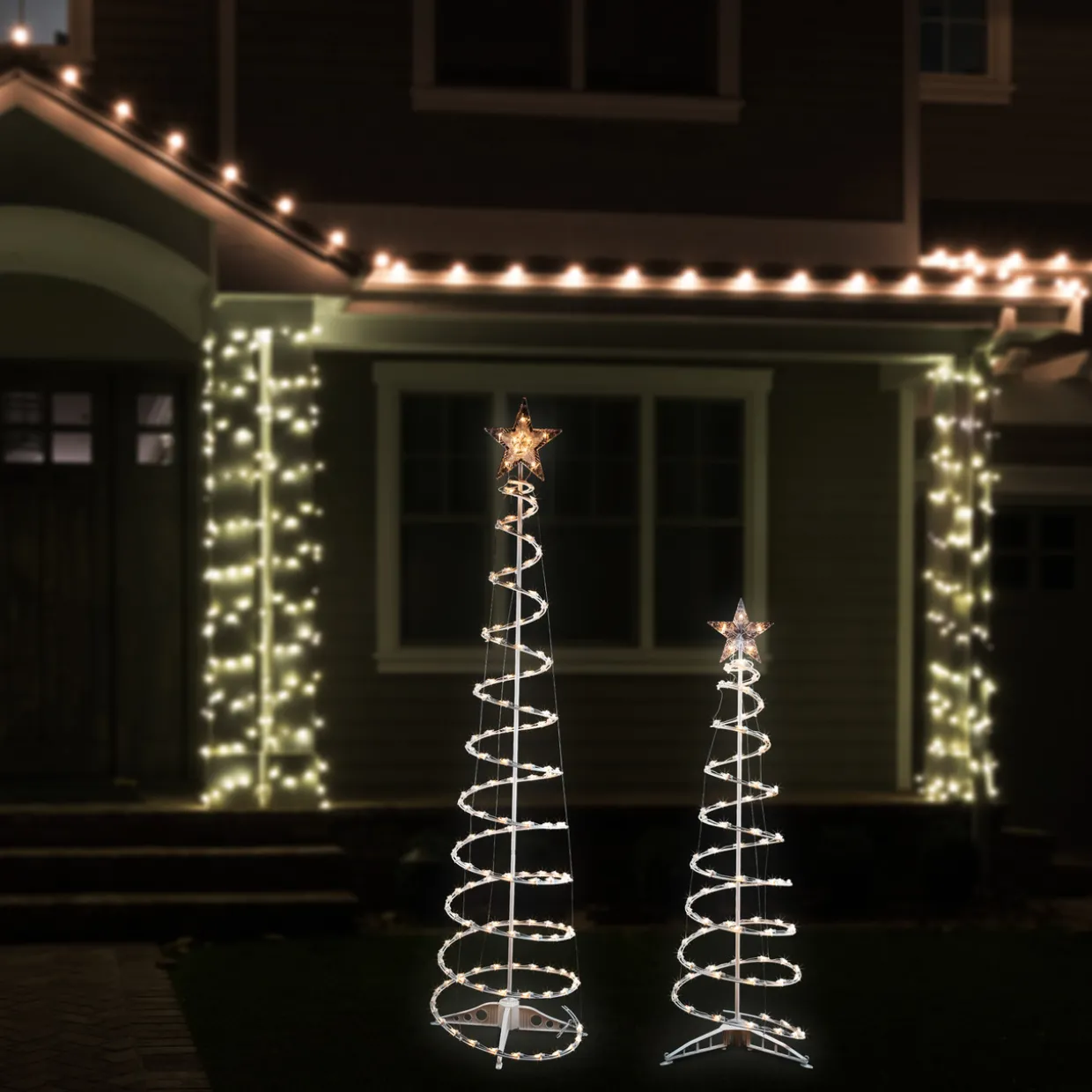 Set of 2 Lighted Clear Outdoor Spiral Christmas Cone Trees 4', 6'