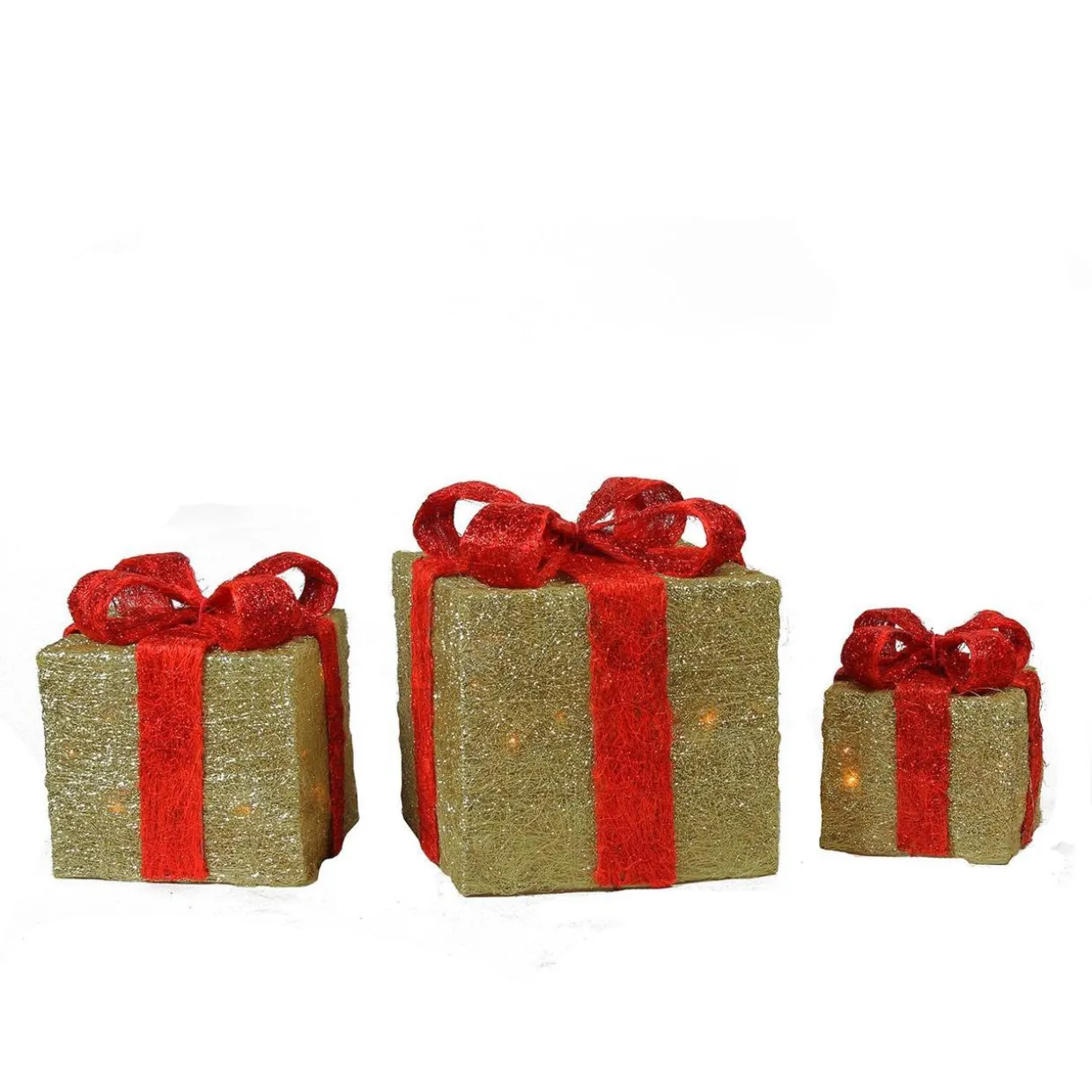 Set of 3 Lighted Gold and Red Gift Boxes Christmas Outdoor Decorations 10"