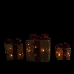 Set of 3 Lighted Gold and Red Gift Boxes Christmas Outdoor Decorations 10"
