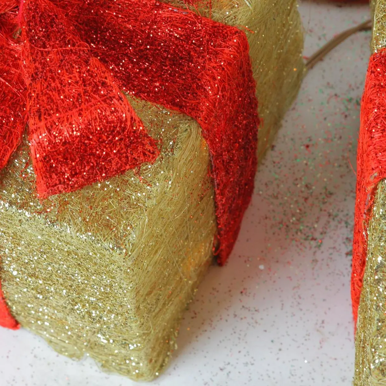 Set of 3 Lighted Gold and Red Gift Boxes Christmas Outdoor Decorations 10"