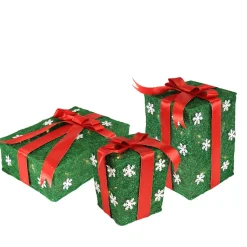 Set of 3 Lighted Green with Red Bows Gift Boxes Outdoor Christmas Decorations 13"