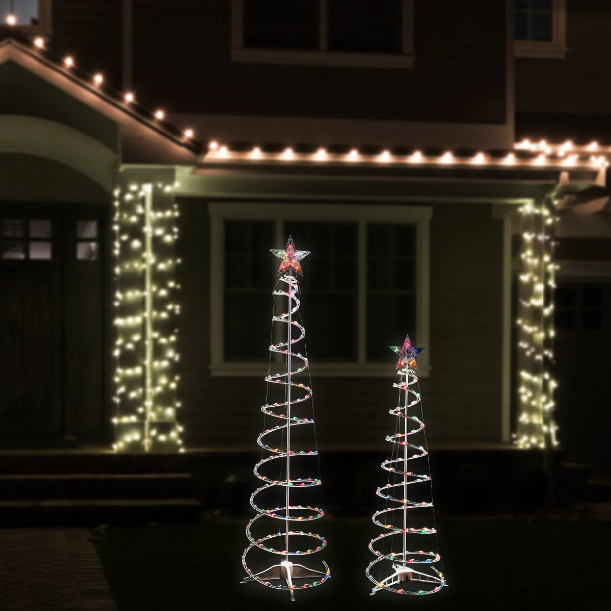 Set of 2 Lighted Multi-Color Outdoor Spiral Christmas Cone Trees 4', 6'