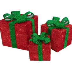 Set of 3 Lighted Red Gift Boxes with Green Bows Outdoor Christmas Decorations 10"