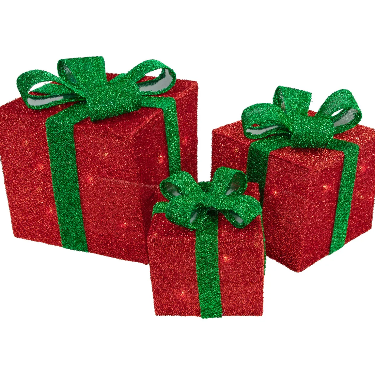 Set of 3 Lighted Red Gift Boxes with Green Bows Outdoor Christmas Decorations 10"