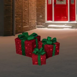 Set of 3 Lighted Red Gift Boxes with Green Bows Outdoor Christmas Decorations 10"