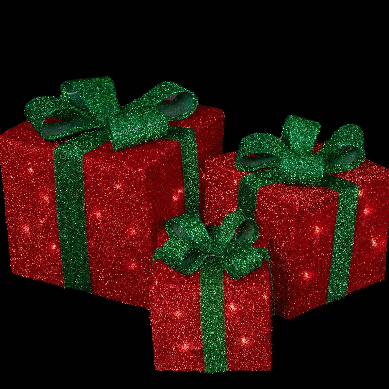 Set of 3 Lighted Red Gift Boxes with Green Bows Outdoor Christmas Decorations 10"