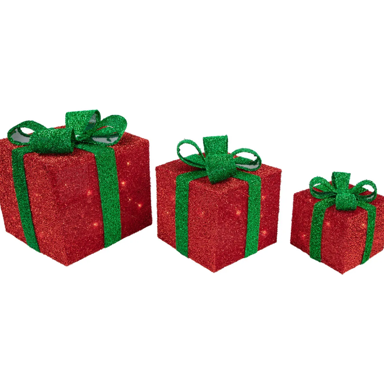 Set of 3 Lighted Red Gift Boxes with Green Bows Outdoor Christmas Decorations 10"