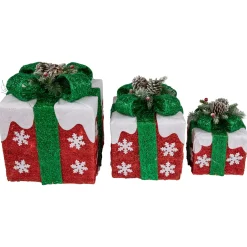 Set of 3 Lighted Red with White Snowflakes Gift Boxes Christmas Decorations